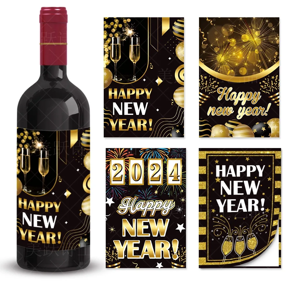 

8Pcs/set Happy New Year Wine Black Gold Wine Bottle Stickers Adhesive Bar Bottle Label Happy 2024 New Year Party Stickers