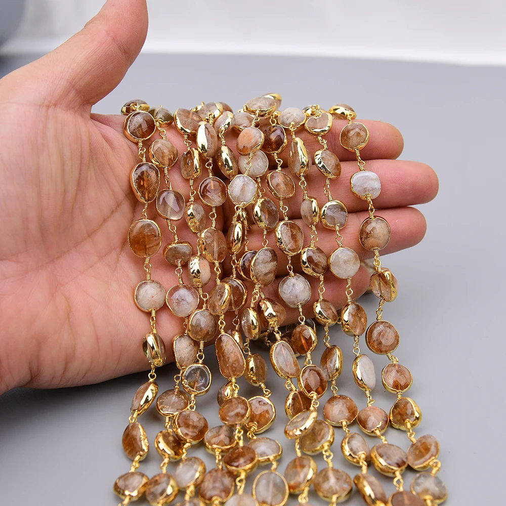 APDGG 1 Meter Natural Yellow Citrine Topaz Quartz Loose Beads Gold Edged Chain DIY Jewelry making accessories