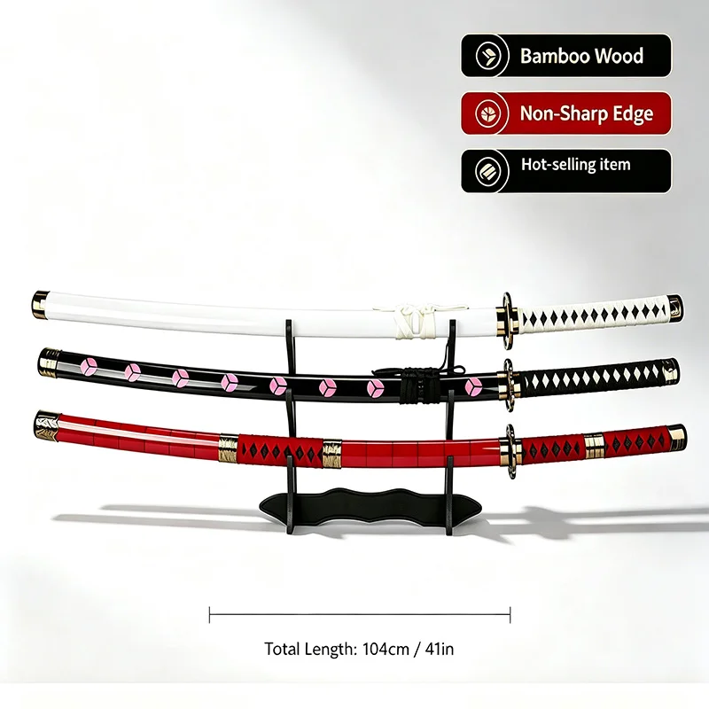 Image of 3-teiliges Anime-Katanas-Set, 104 cm/41 Zoll, für Hobbyzwecke, als Sammlerstück und für Rollenspiele. Wird mit einem dreilagigen Schwertständer und einem Gürtel geliefert.
