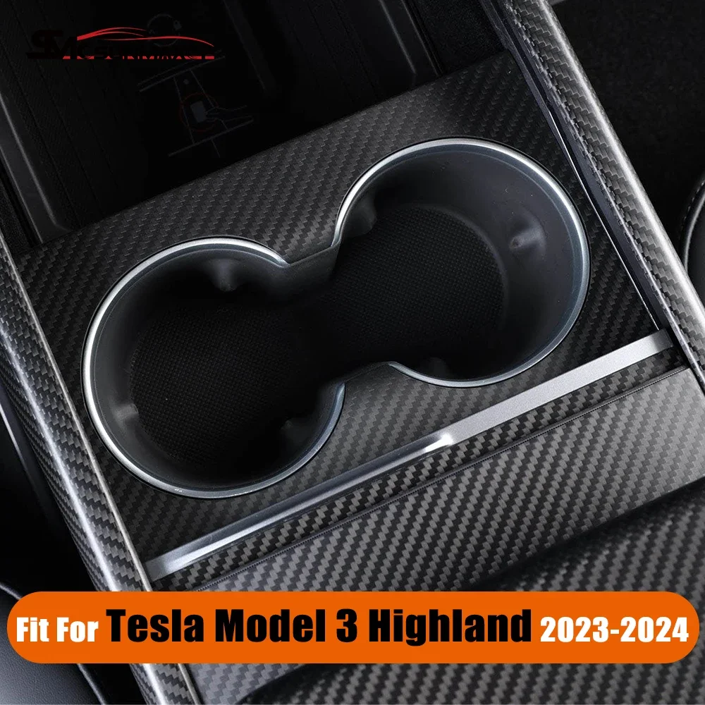 

Real Carbon Fiber Interior Center Console Front Cup Holder Panel Cover For Tesla Model 3 Highland 2024