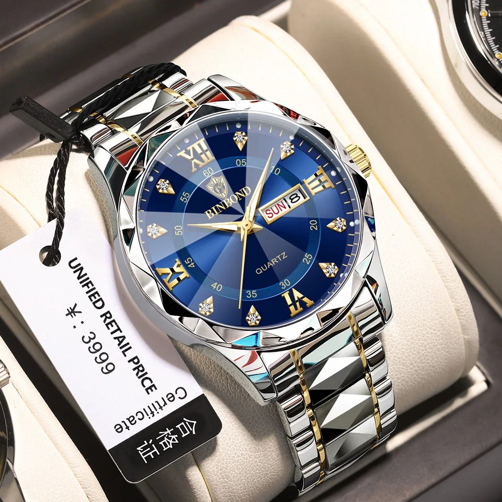 Men's Watch Waterproof Night Light Calendar Steel Strip Quartz Watch Diamond Pointed Glass Fashion Business Men's Clock