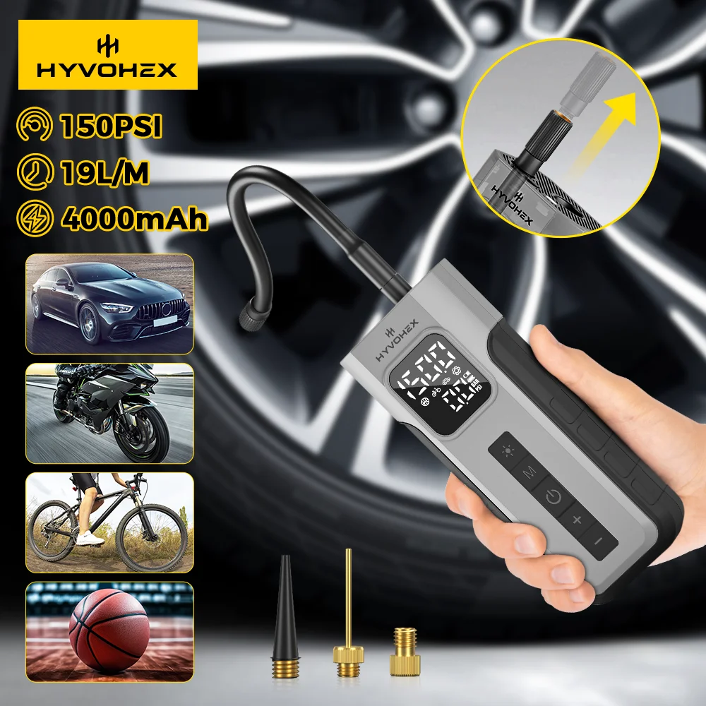 

HYVOHEX C2 Wireless Car Air Compressor 100% Duty Cycle 4000mAh LED Light Tire Inflator Pump for Cars Motorcycles Balls