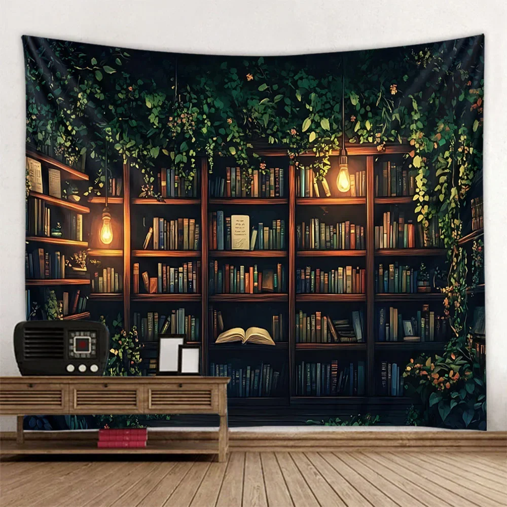 Magic Bookshelf Wall Mounted Tapestry Library, Living Room Background Cloth, Aesthetic Bedroom Decoration, Dreamy Home Decor