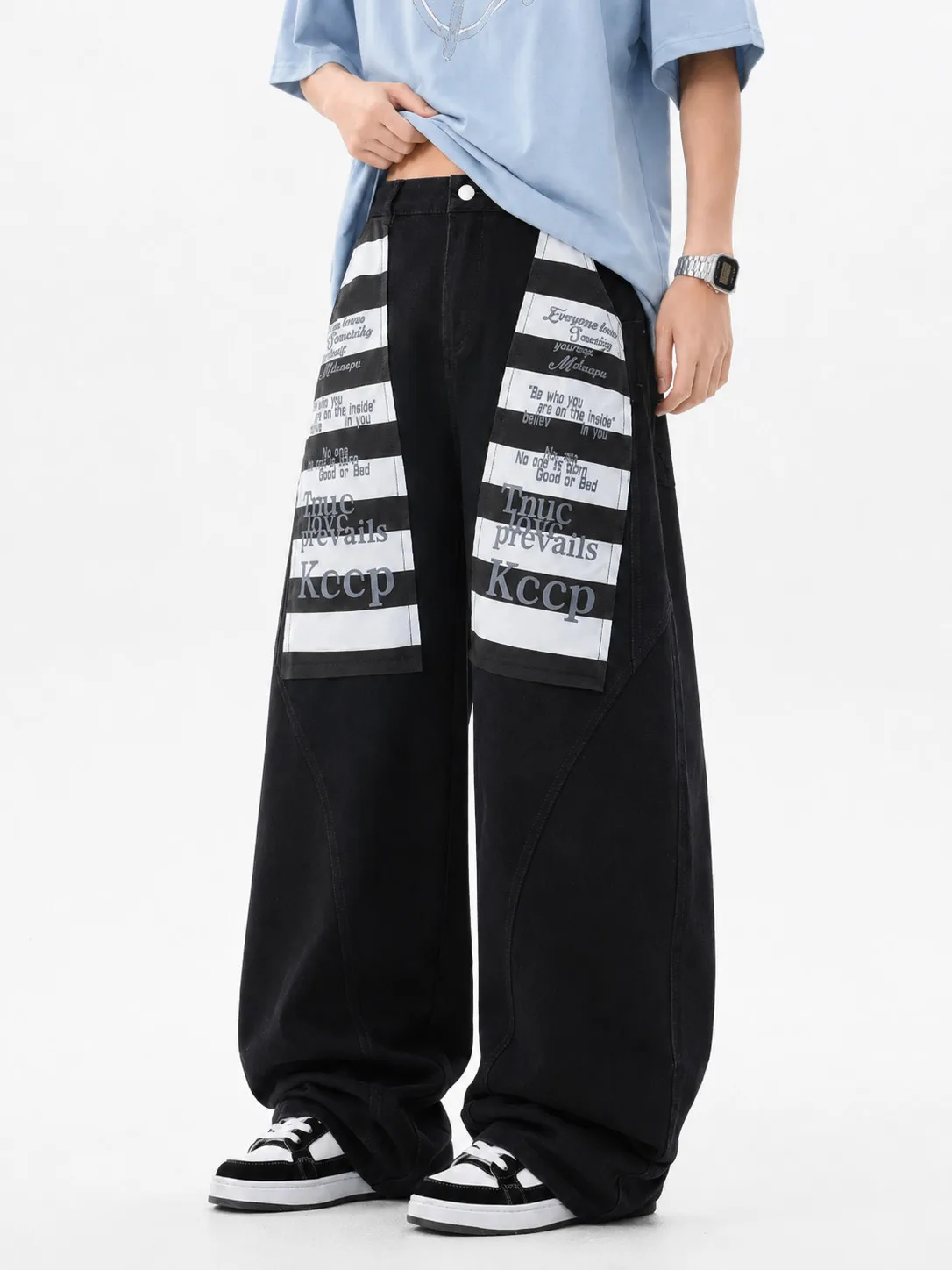 American Street Style Patchwork Wide Leg Denim Jeans Men's Retro Deconstructed Design Loose Drapey Long Trousers