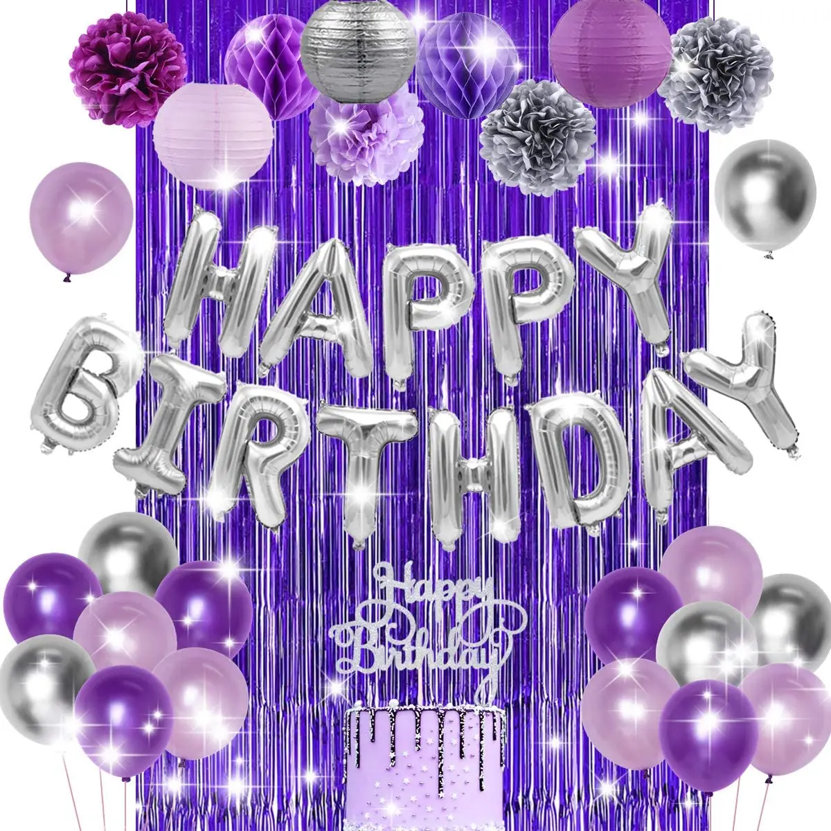 

Purple Silver Birthday Party Decorations Happy Birthday Balloons Banner Cake Topper Fringe Curtain Paper Pom Poms for Women Girl