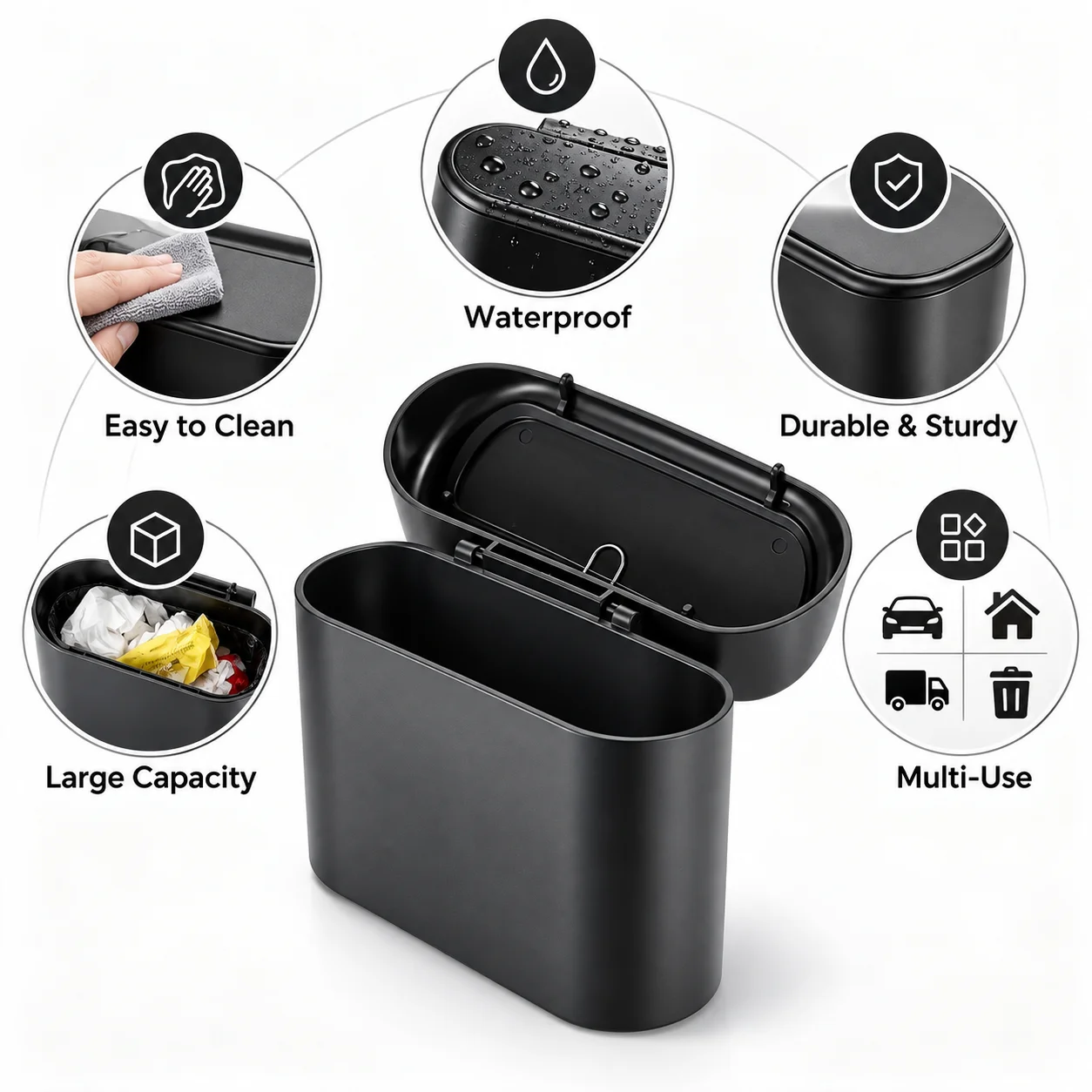 Portable Car Trash Can with Lid, Leak-Proof Hangable Vehicle Garbage Bin Includes 1 Roll of Bags for Auto Interior Storage