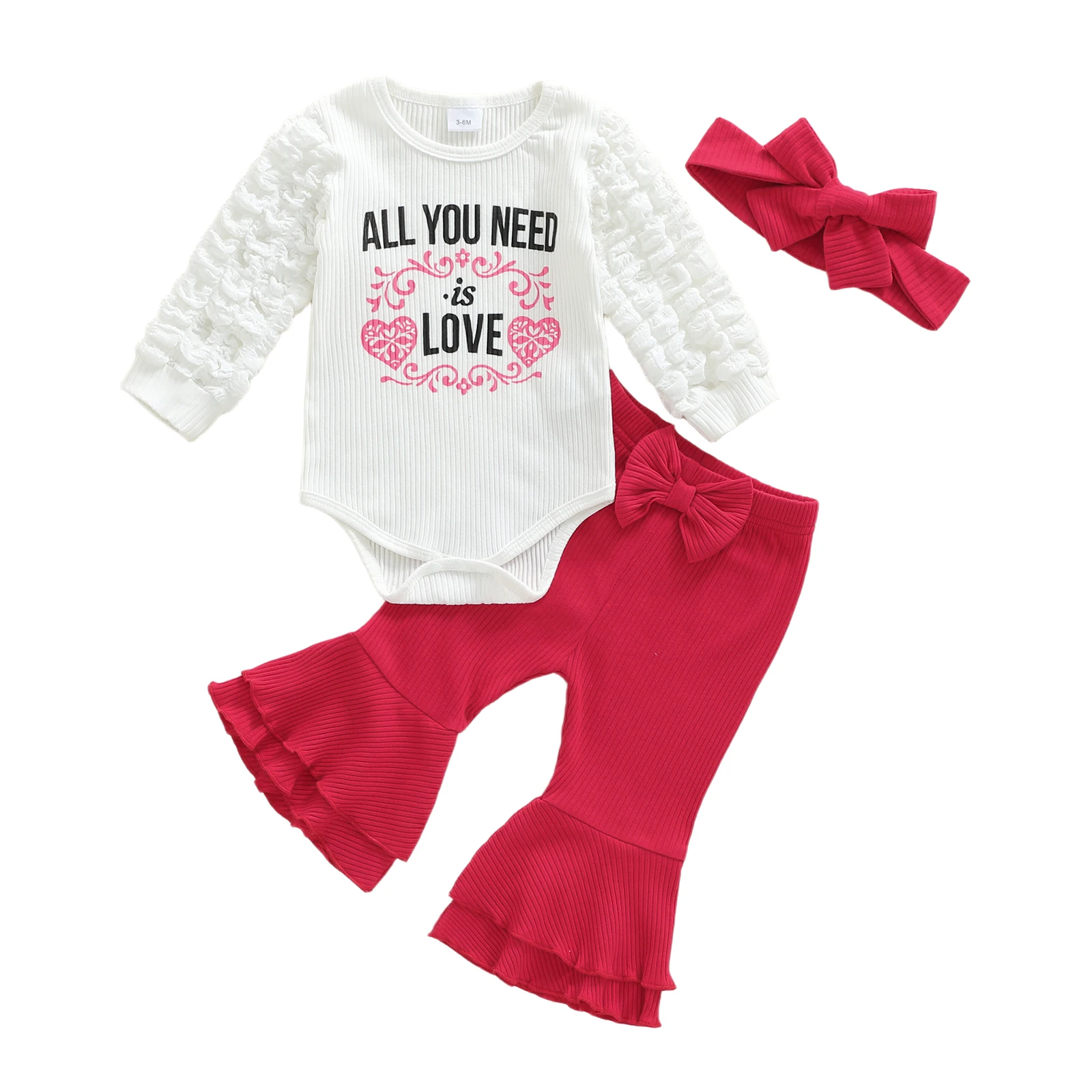 

Baby Girl Valentines Day Outfit Heart Letter Puff Long Sleeve Romper Flare Pants and Headband 3 Piece Set