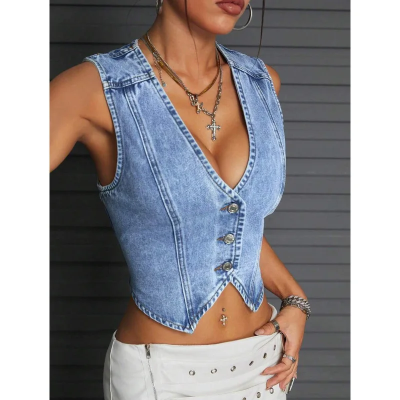 

Women's V-Neck Denim Vest H 98553 Cross-Border Fashionable Casual Style No Chest Pad Spring Summer Autumn Long Other Material