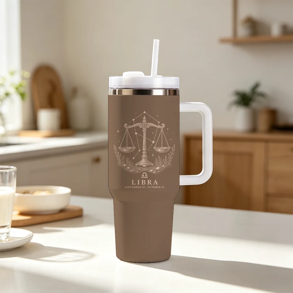 Libra Zodiac Sign Print Vacuum Flasks 40oz 1200ML Insulated Tumbler With Handle & Straw Double Wall Thermal Travel Coffee Mug Re