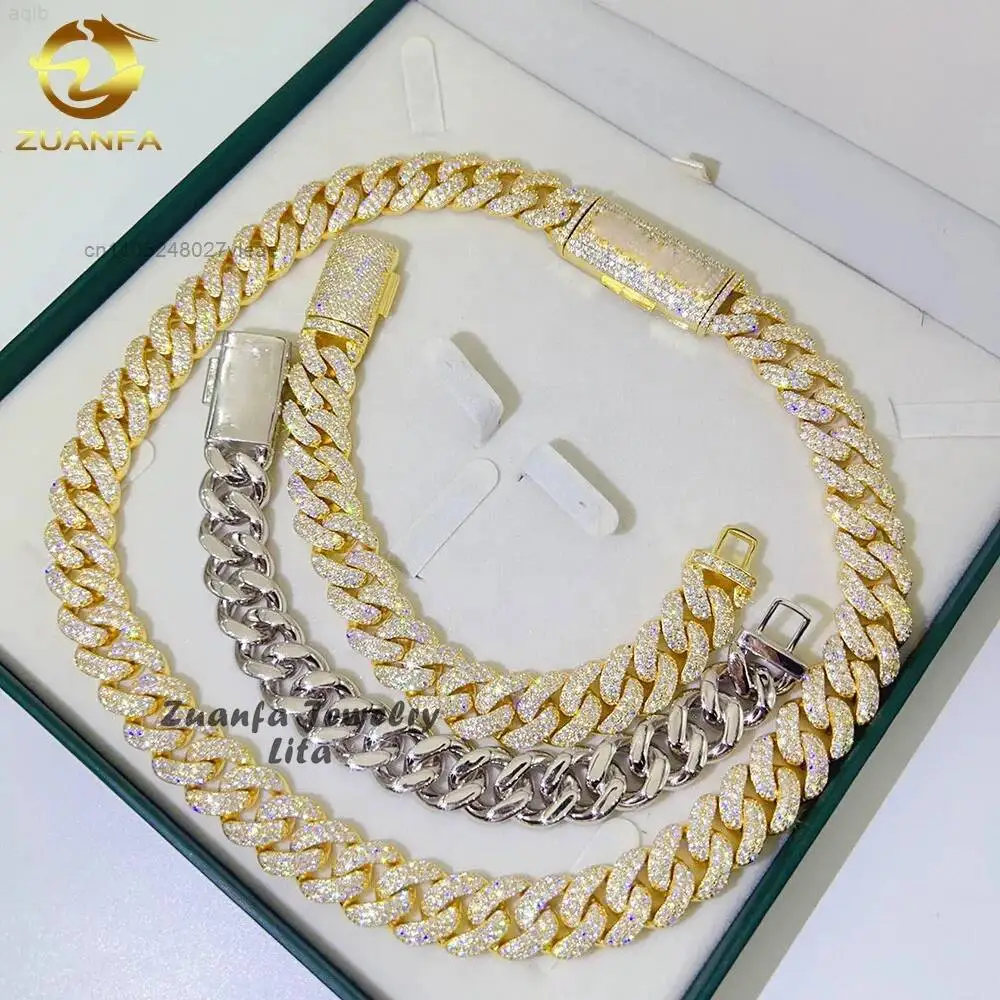 Moon Shape Two Tows Diamond 15mm Iced Out Hip Hop 925 Silver Cuban Bracelet Moissanite Cuban Link Chain