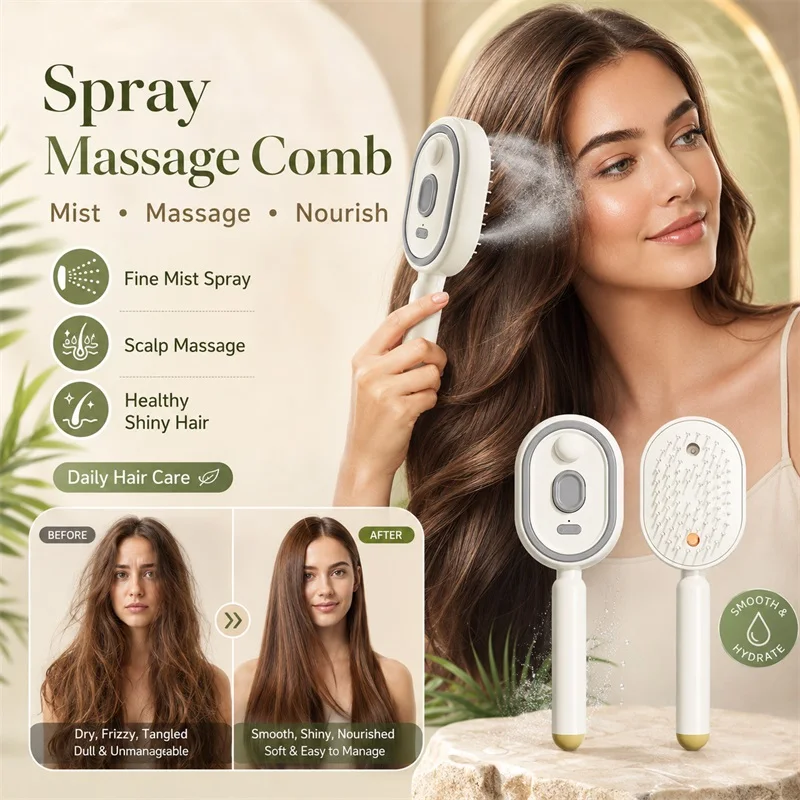 Electric Spray Air Cushions Massage Comb 3 in 1 Self Cleaning Steam Essential Oil Brush Rechargeable Spray Scalp Massager Combs