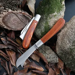 Garden Grafting Knife Stainless Steel Mushroom Electrician Folding Pocket Knife EDC Hand Tools Wooden Handle Camping Gadgets