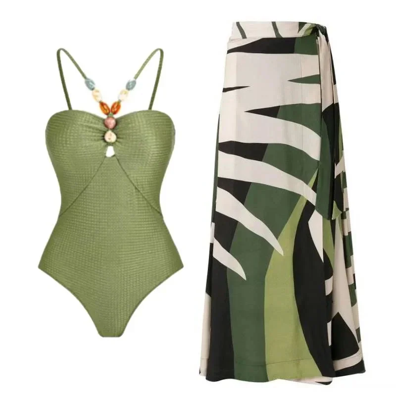 

2024 New Stones Beaded Belt Cutout One Piece Swimsuit and Skirt Summer Swimwear Women Beachwear Bathing Suit