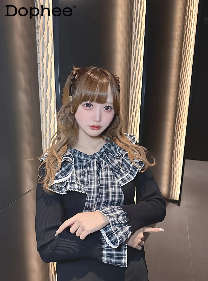 

2026 Spring New Japanese Bow Plaid Doll-like Long Sleevestop Sweet and Cute Girl Slim and Thin Versatile Knitted Sweater
