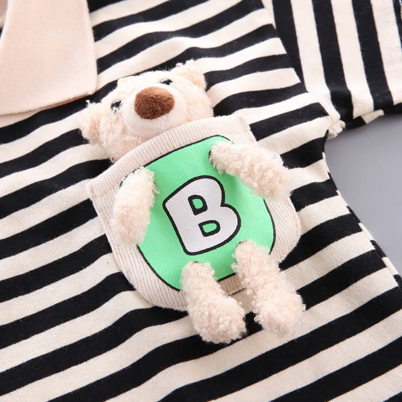 Fashion Summer Kids Baby Boys Striped Suits Short Sleeve T-Shirt with Doll+Shorts Casual Clothes Outfit Girls Clothing 2PCS/Set