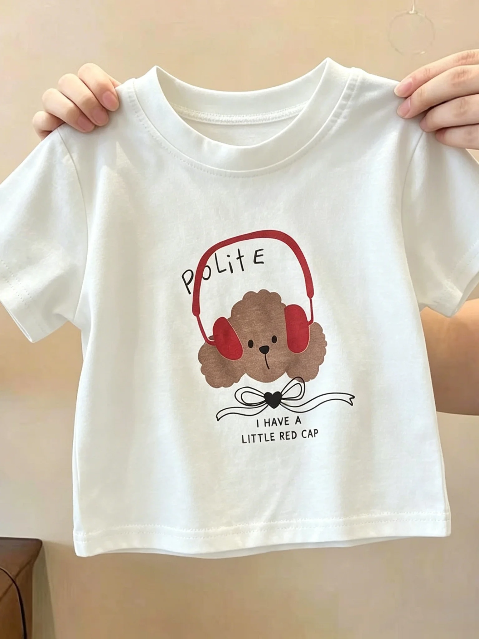 Cartoon Style Short Sleeve T-Shirt for Girls White Bear Print round Neck Casual Top Summer New Arrival Cotton Fabric