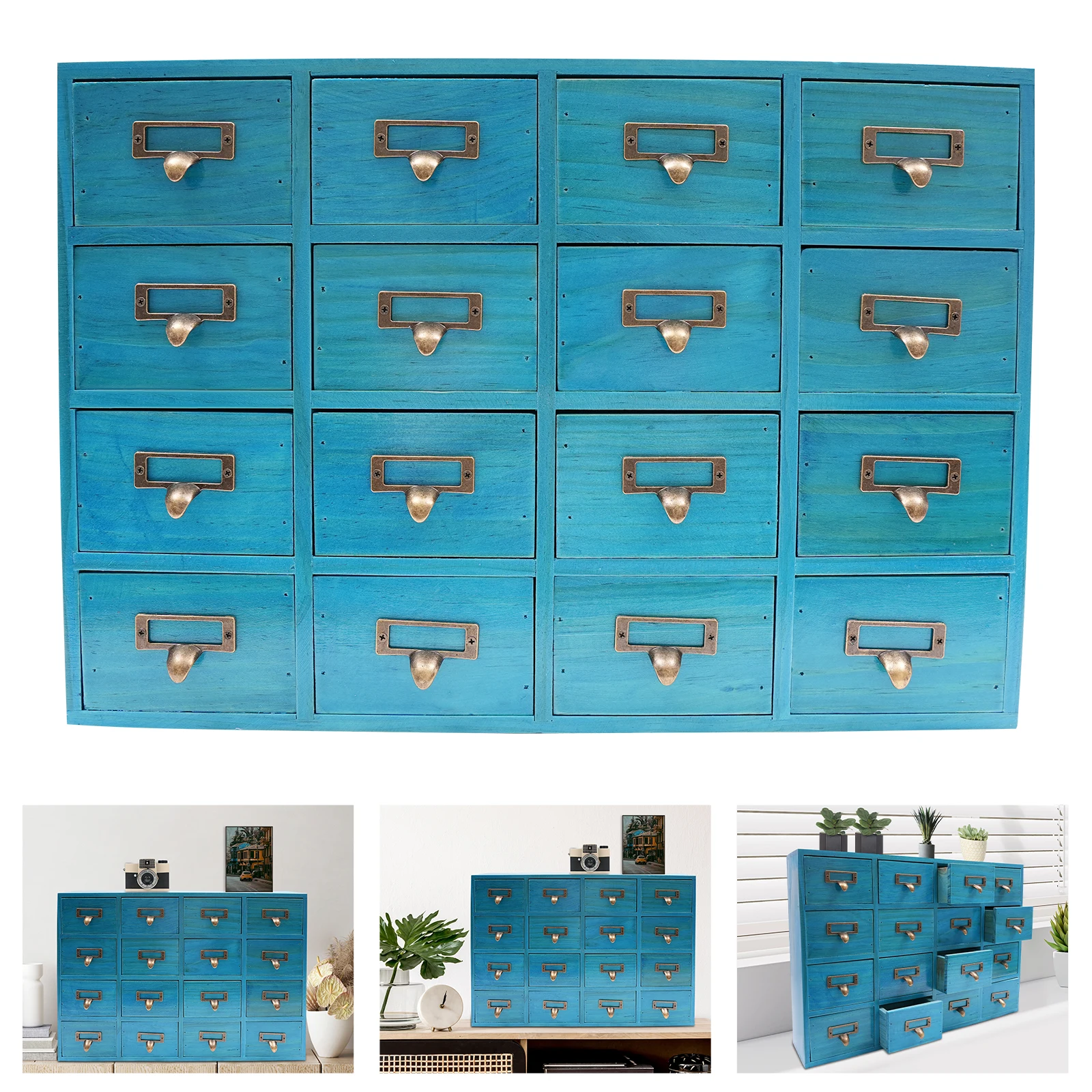 16 Slot Vintage Wooden Cabinet Drawer Storage Box, Multifunctional Drawer Style Organizing and Storage Box, Blue