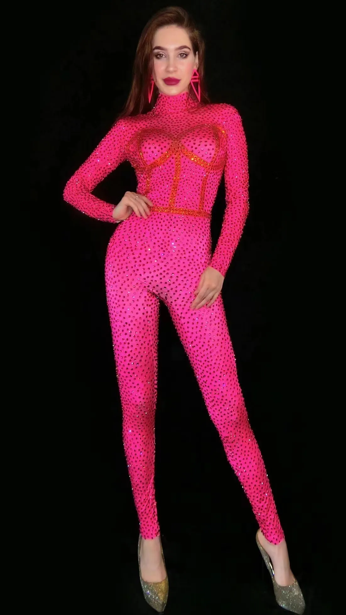 

ShinyWomenPinkRhinestoneJumpsuitSexyStretchSpandexPartyRompers NightclubCrystalBodysuitDSDancerLeotardStageWear