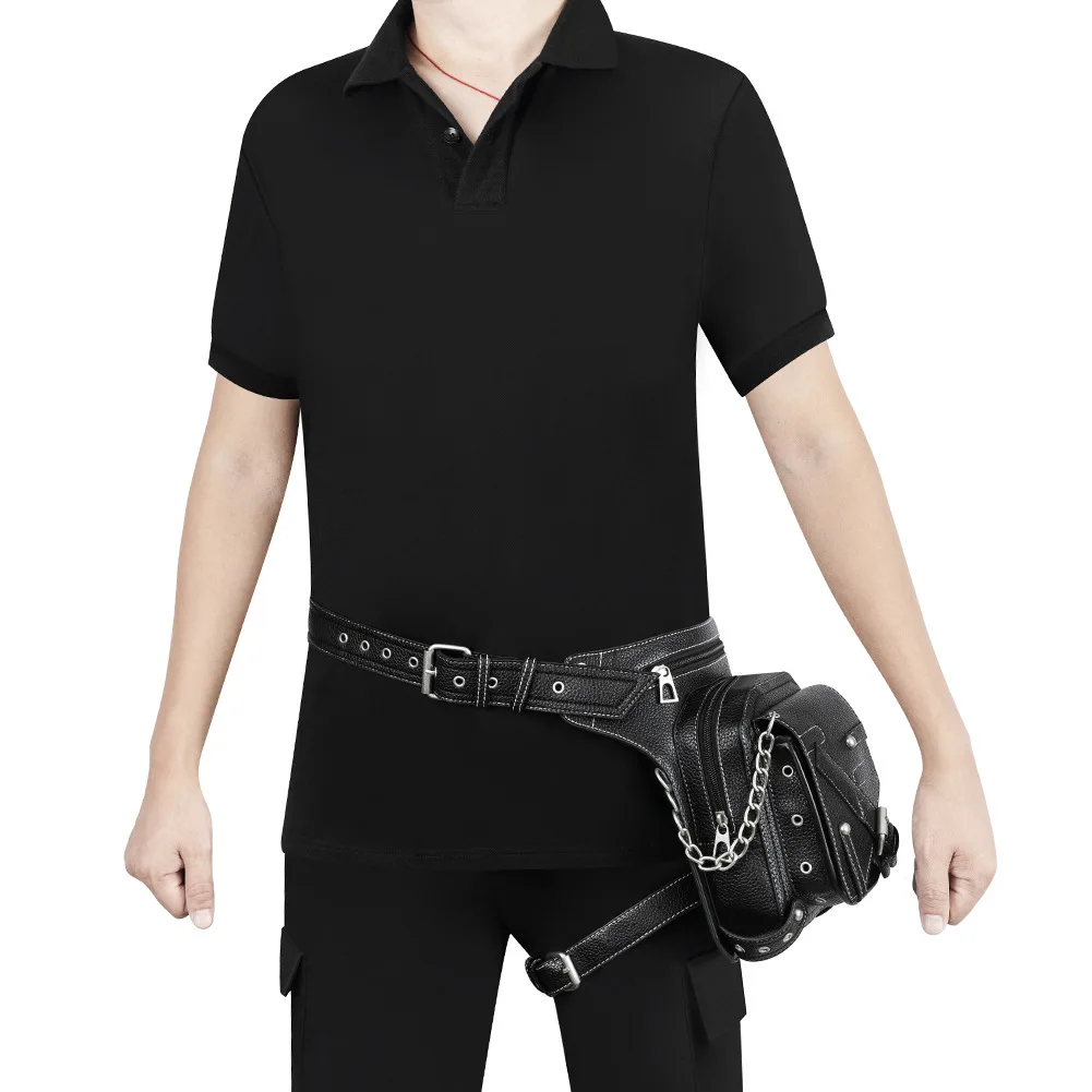 Women's Bag Leg Bag European And American Retro Chain Motorcycle Pu Leather Men's Waist Bag Fanny Pack Belt Bag Chest Bag Purse