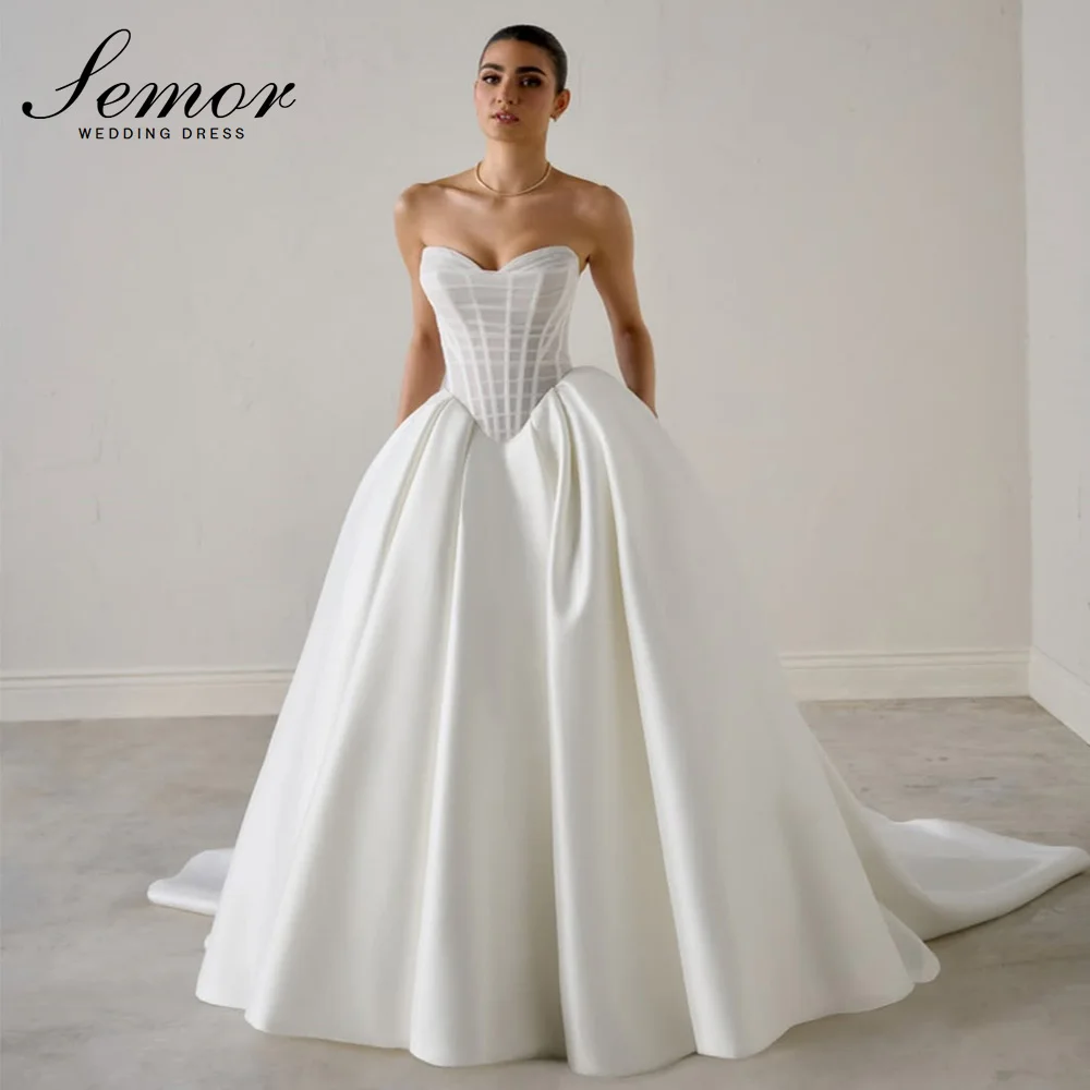 Semor Elegante Lange Satin-Brautkleider 2026 A-Linie Sweetheart-Ausschnitt Ärmellos mit Schleppe Brautkleid für Damen Maßanfertigung