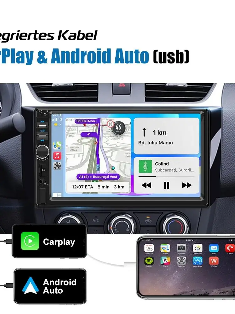ESSGOO Carplay Android Auto 1 DIN 7-calowy Uniwersalny Radio Samochodowe z Bluetooth, TF, EQ, USB, AUX, Ekran Dotykowy HD, Odtwarzacz Multimedialny z 7 Kolorami Podświetlenia — 2