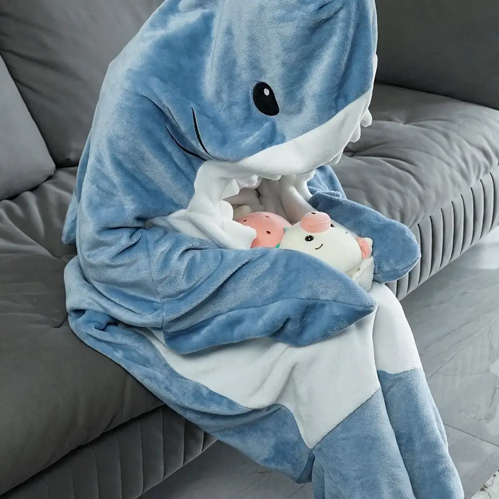 Shark Blanket For Adult Kids Flannel Wearable Shark Blanket Hoodie Cartoon Shark Soft Cozy Warm Sleeping Bag Valentine\'s Day Gif