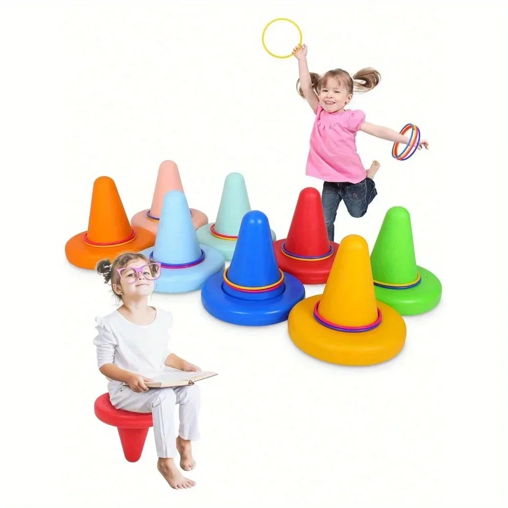 

8 Packs with16 Ring One-Horned Chair, Sensory Integration Training Toys Stool for Kids with Ring Toss Set (9.45" D x 9.45" H)