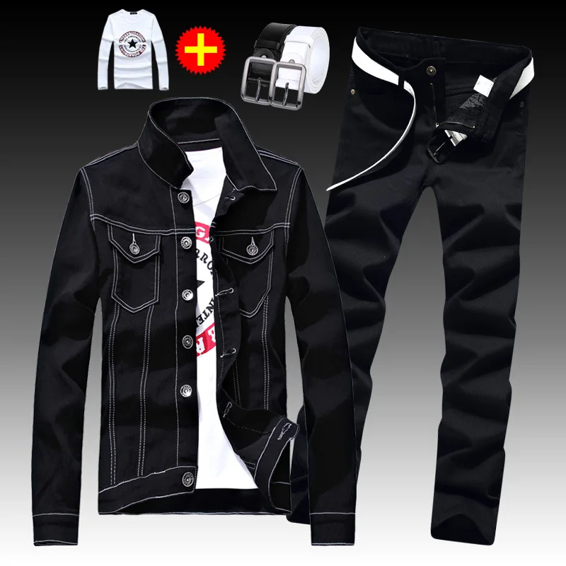 4 Pcs Set Hip Hop New Spring Autumn Men\'s Denim Jacket Holes Single Breasted Coat Jeans Pants with Shirt & Belt