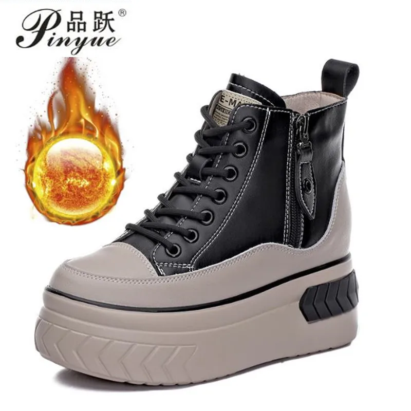 8cm Winter Ladies cowhide Shoes Lace up Women Sneakers Snow Ankle Boots Waterproof Warm Platform High-top ankle boots  34 40