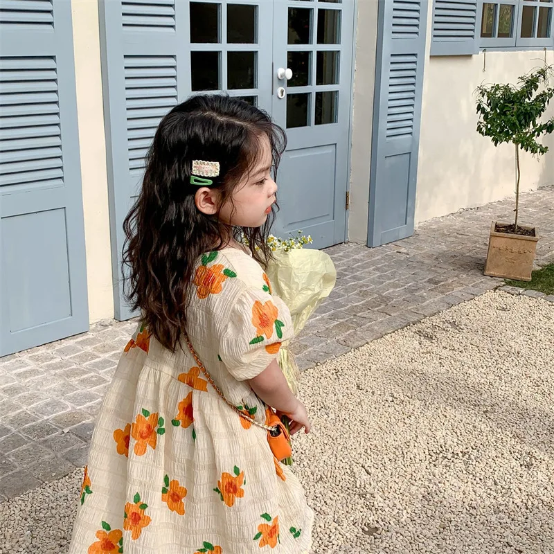 Girls' Floral Breathable Short Sleeve Dress Princess Dress25Summer New Foreign Trade Children's Wear Delivery3-8Years Old