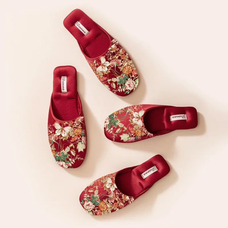 Bridegroom Bride Wedding Slippers Vintage Chinese Style Print Flower Wedding Supplies Photo Props Casual Women's Sandals Shoes