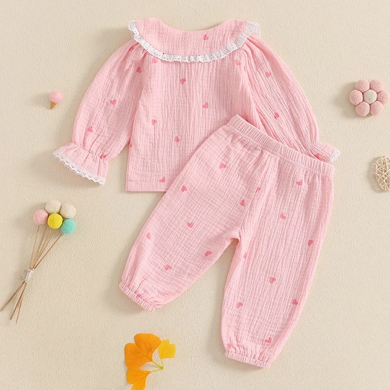 Tregren Autumn Fashion Baby Girl Clothing Toddler Girl Sets Heart Print Long Sleeve Shirt Tops with Elastic Waist Pants Outfit