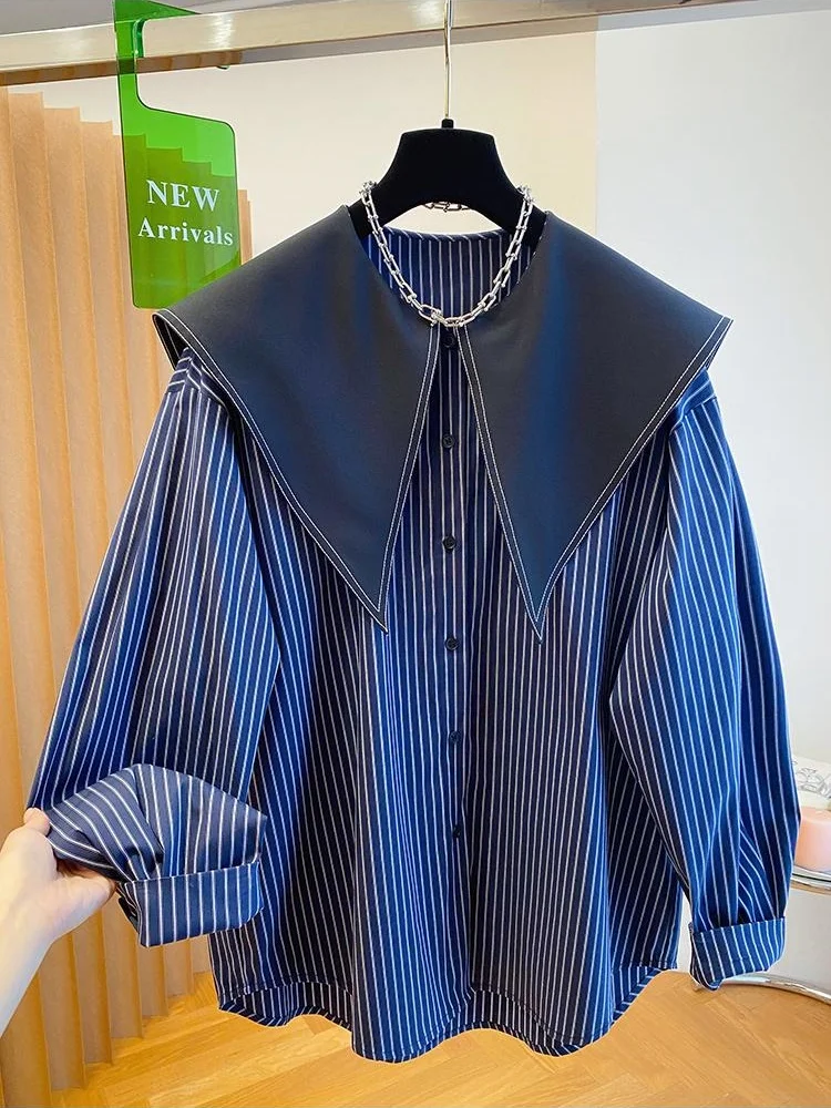 SuperAen Korean Style Sailor Collar Long-sleeved Shirt Women's Spring 2026 New Loose Striped Oversize Casual Tops
