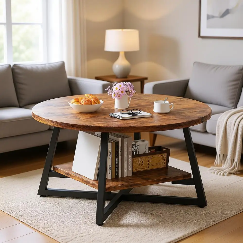 

Round Coffee Table, Small Circle Coffee Table with Storage, Wooden Round Center Table for Living Room, Home Office, Small Space,