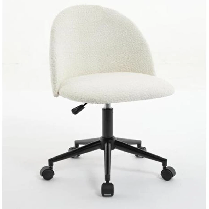 White Boucle office chair Desk Chair, Mid-Back Adjustable Swivel Computer Chair with Black Legs , Modern Upholstered Desk Chair