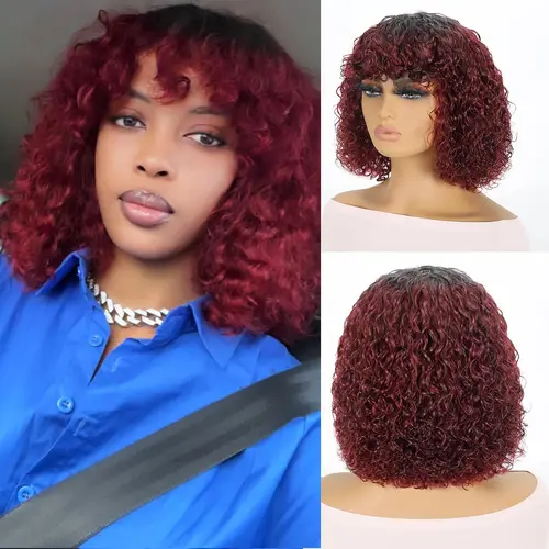 Pelucas de cabello humano Jerry rizado corto Bob con flequillo, peluca sin pegamento para llevar, peluca de color rubio ondulado con agua ombré 99J para mujer