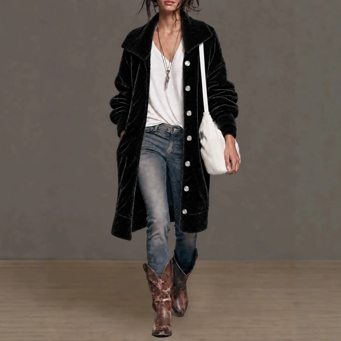 2027 New Women Winter Velvet Long Coat Lapel Single Breasted Oversized Loose Casual Warm Winter Outerwear Jacket