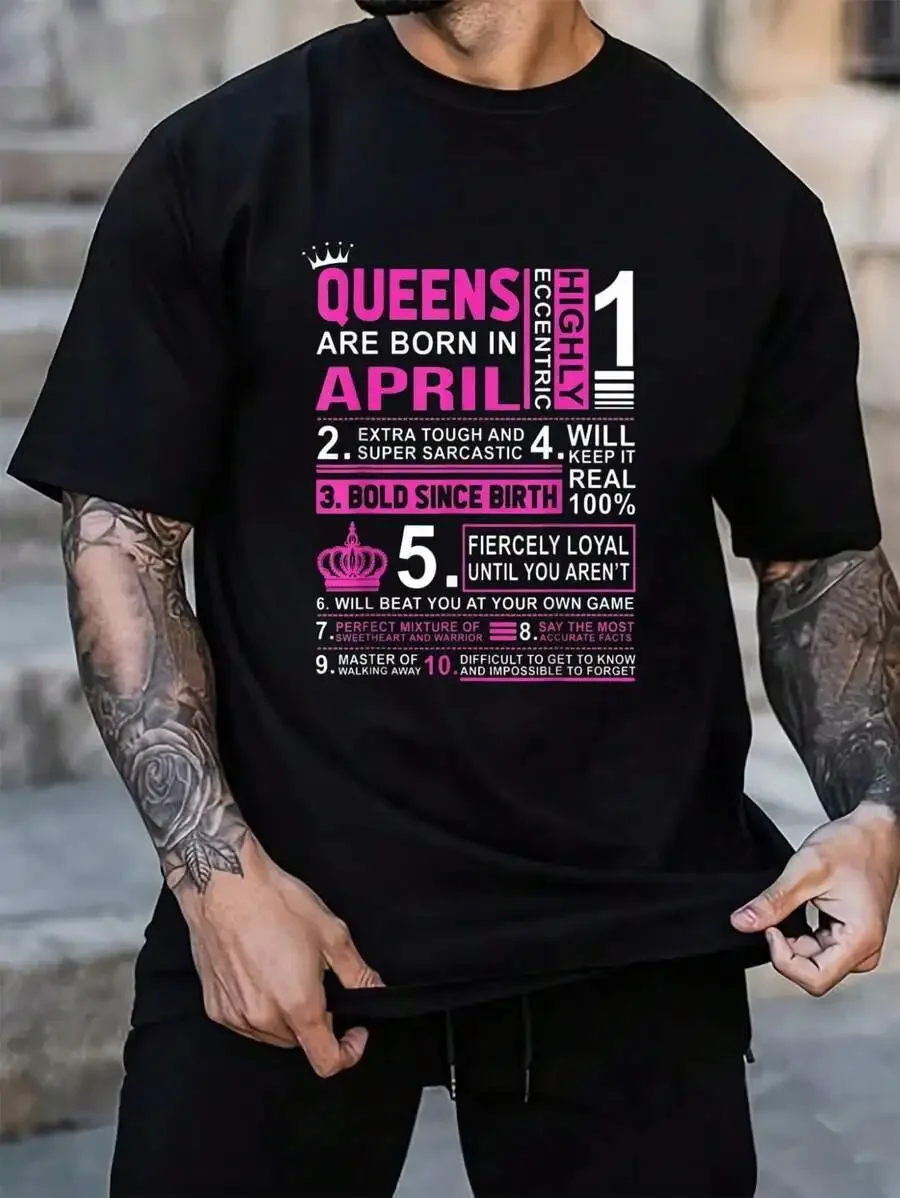 100% Cotton Queens Are Born In April Birthday T-Shirt Women's Men's Black Vacation Crew Neck Short Sleeve Classic Fit Holiday T-