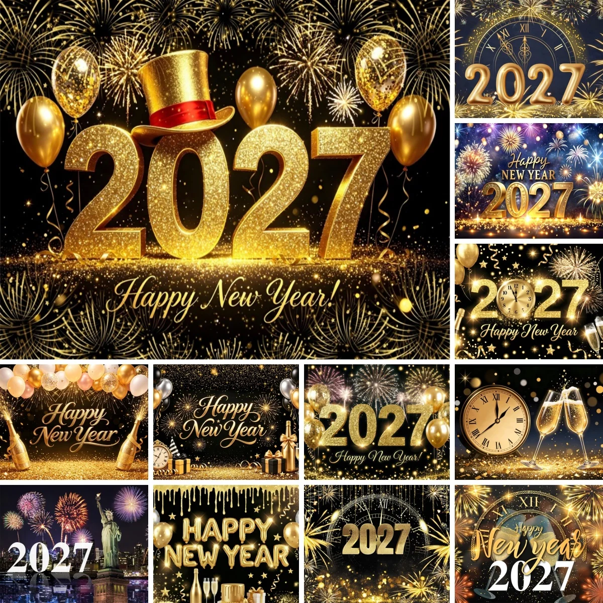 Yeele 2027 Happy New Year Photography Background Golden Sparkling Balloons Clock Kids Family New Year Party Decor Photo Backdrop