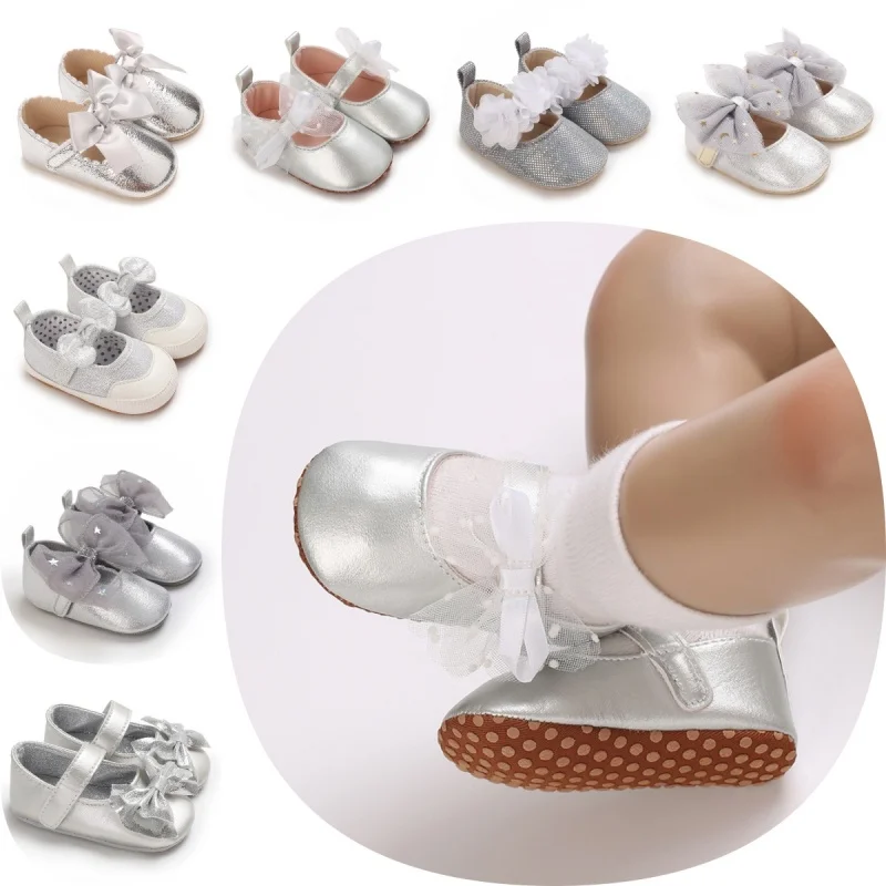 

Silver Princess Shoes 0-18M Newborn Casual Shoes Baby Bow Non slip Cloth Bottom Flat Bottom PU Newborn Bow Decoration Mary Janes