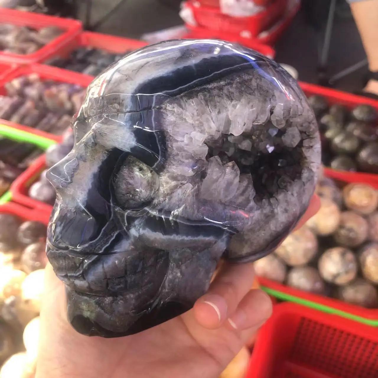 Skull Stone Natural Black Agate Geode Crystal Cranium Mineral Fengshui Reiki Meditation Energy Home Decor For Room