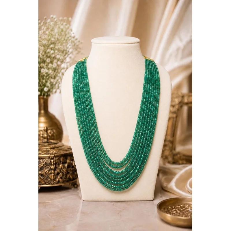 Natural Zambian Faceted Rondelle Necklace Emerald 8 Strand 3-6mm Beads