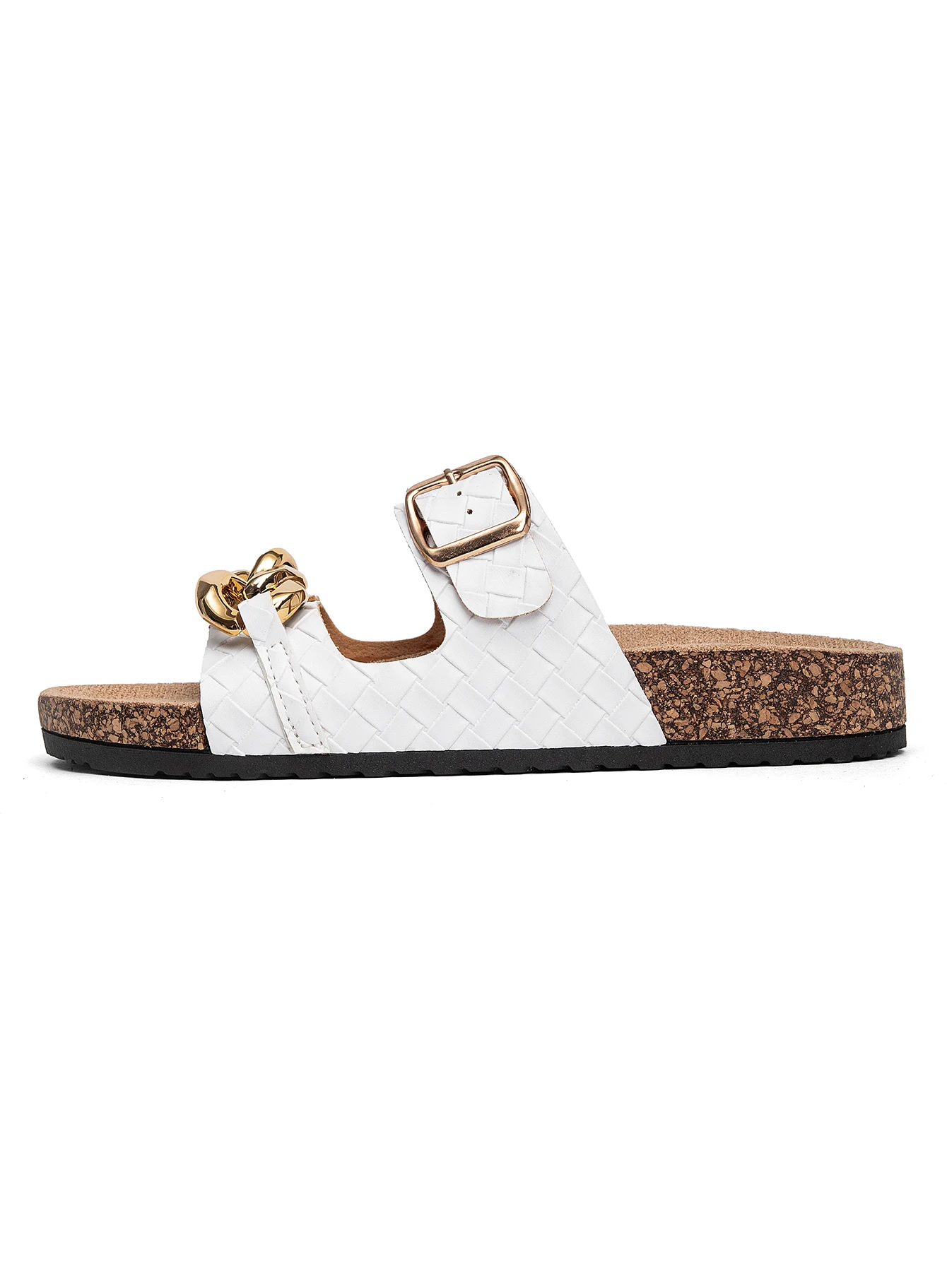 Women Double Strap Chain Decor Cork Footbed Slide Sandals Adjustable Buckle Flat Summer Casual Walking Beach Shoes