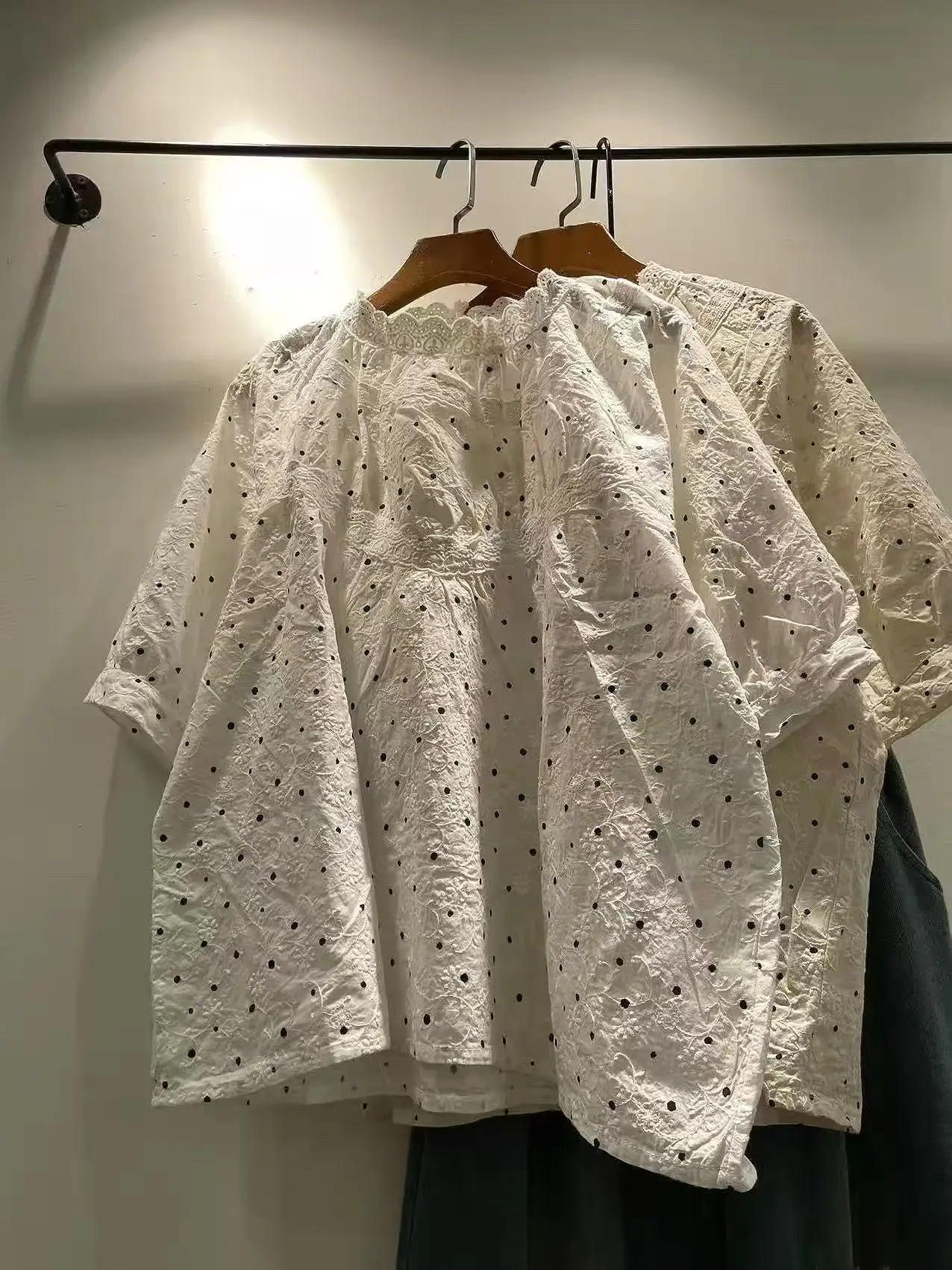 Bust 124cm pure cotton white beige polka dot shirts and blouses for women summer elegant stand collar short sleeve tops