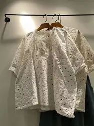 Bust 124cm pure cotton white beige polka dot shirts and blouses for women summer elegant stand collar short sleeve tops