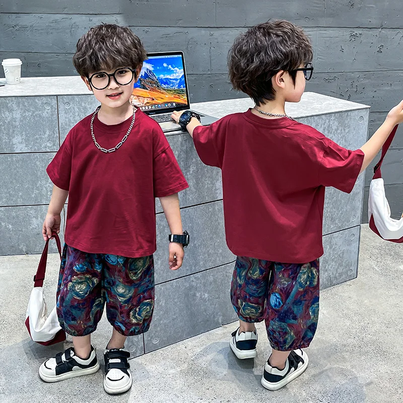 

New Children's Set Summer Boys Casual T-shirt Short Sleeve+Fashion Printed Loose Wide Leg Pants 2pcs Set Baby Cotton Clothing 2T