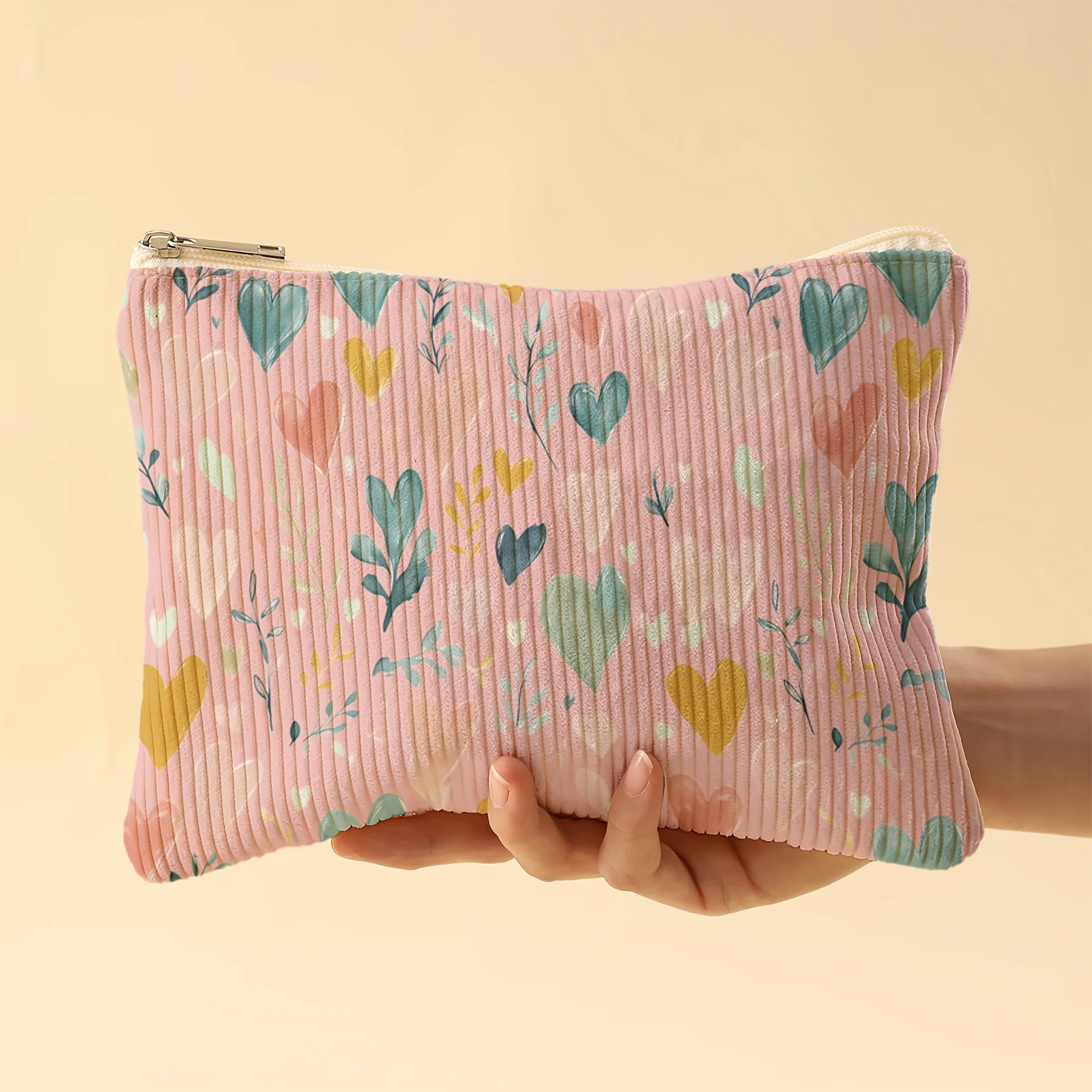 Korean Style Corduroy Cosmetic Bag Watercolor Colorful Heart Leaf Print Zipper Pouch Portable Travel Makeup Storage Bag Women's