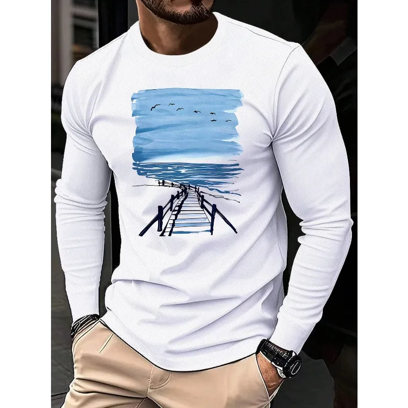 Long sleeved summer T-shirt - Breathable round neck casual streetwear shirt with sky themed print, suitable for fitness