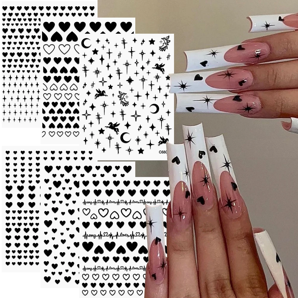 

6/4Pcs Black White Love Heart 3D Nail Stickers Cute Self Adhesive Bronzing Star Moon Slider Valentine Decals Manicure Decoration