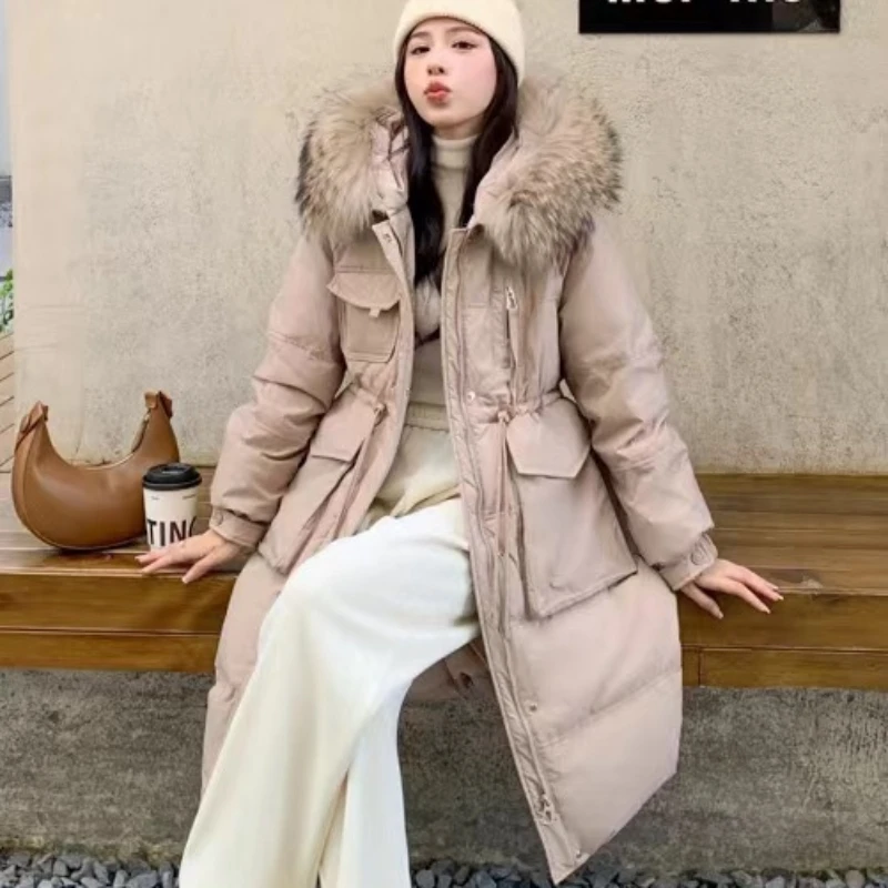 Women\'s Long Knee-length Down Jacket Waisted Hooded Large Hair Collar Warm Coat 90% White Duck Down Temperament Leisure Parka